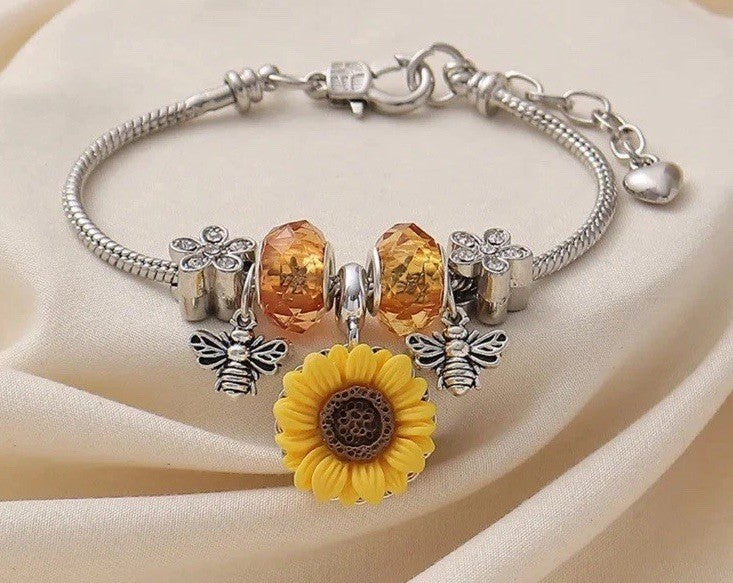 Sunflower Bee Charm Bracelet Silver Alloy Rhinestone Bangle Boho Jewelry Gift