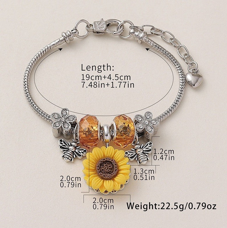 Sunflower Bee Charm Bracelet Silver Alloy Rhinestone Bangle Boho Jewelry Gift