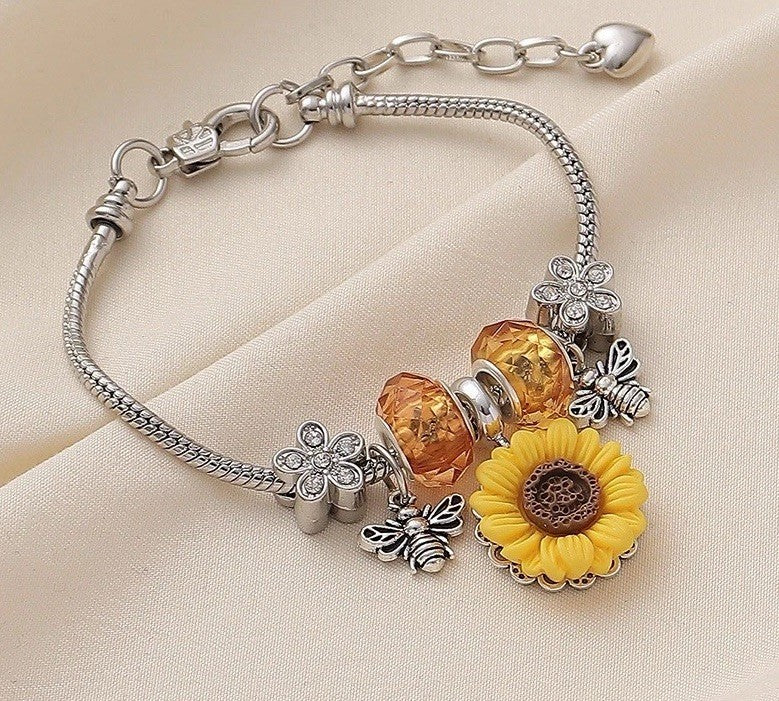 Sunflower Bee Charm Bracelet Silver Alloy Rhinestone Bangle Boho Jewelry Gift