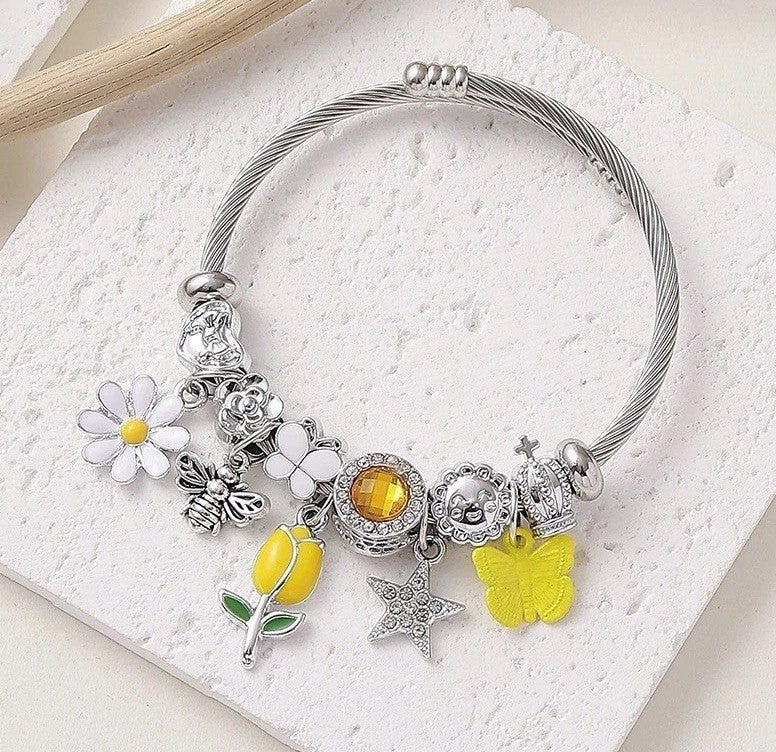 Flower Bee Butterfly Charm Bracelet Silver Alloy Bangle Yellow Boho Jewelry Gift