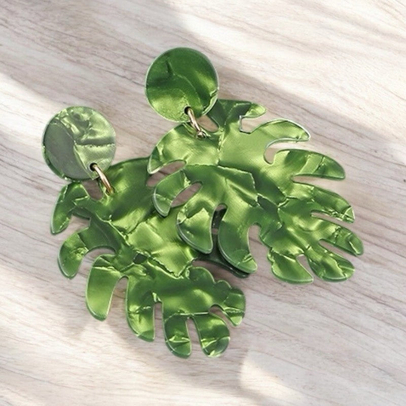 Green Acrylic Monstera Leaf Statement Earrings Lightweight Tropical Dangle