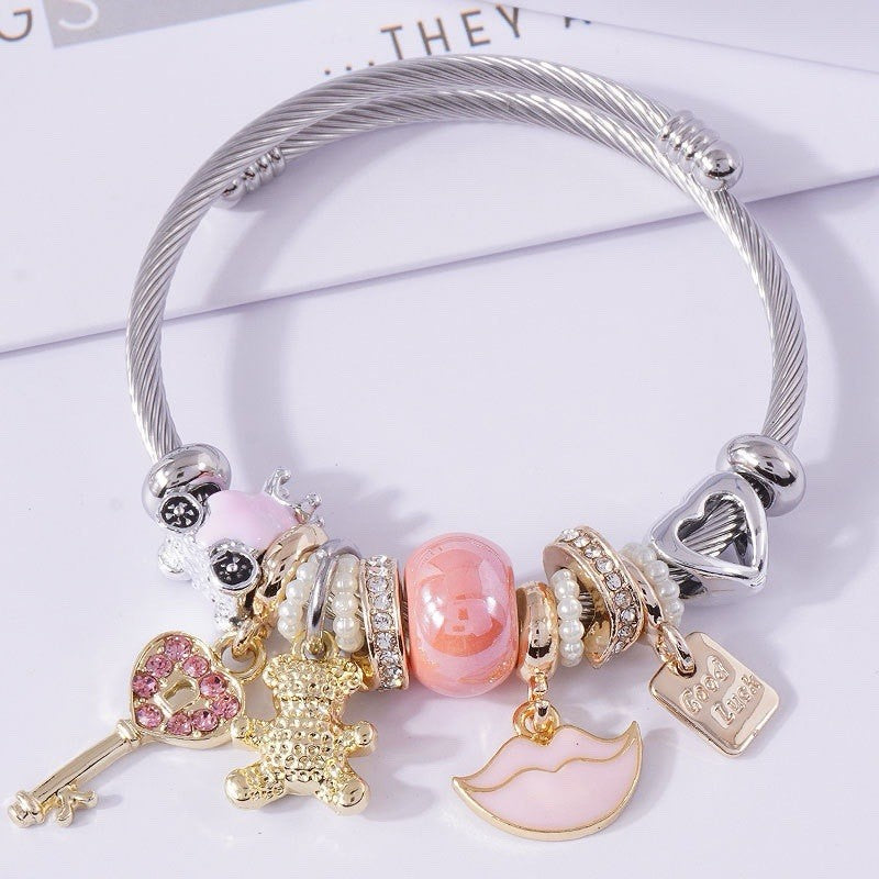 Pink Charm Cuff Bracelet Women’s Stainless Steel Beaded Lip Key Heart Good Luck