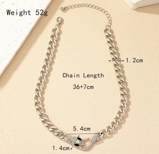 Women’s Silver Cuban Link Chain Necklace Rhinestone Snake Head Choker Style