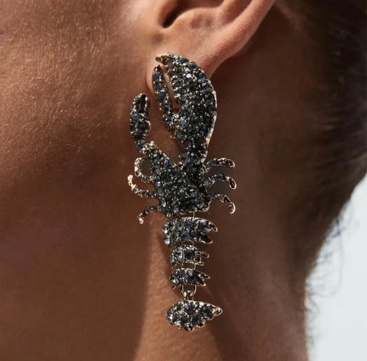 Black Crystal Lobster Statement Earrings