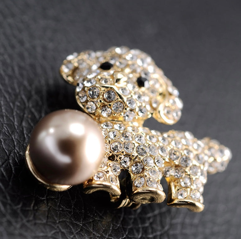Crystal Puppy Dog Brooch with Pearl Accent