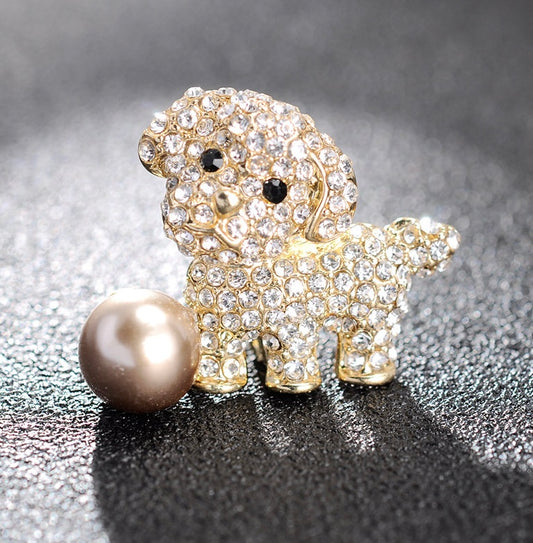 Crystal Puppy Dog Brooch with Pearl Accent