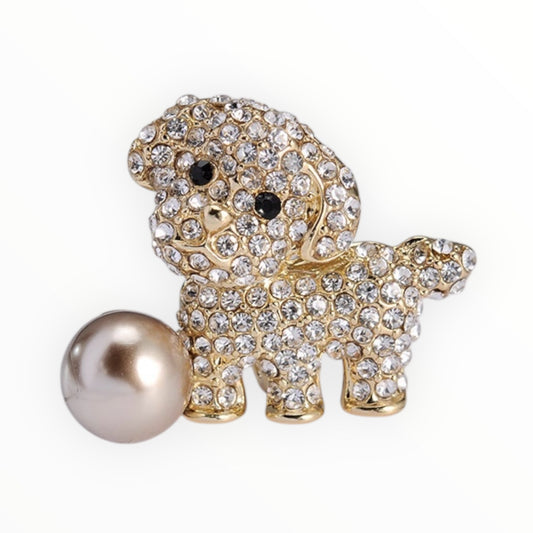Crystal Puppy Dog Brooch with Pearl Accent